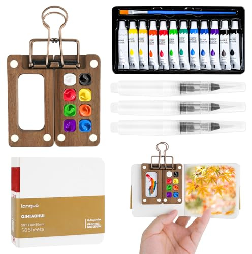 Muyohix Juego de Paletas de Acuarelas Portatiles, Set de Mini Acuarelas Portátil, Mini Paleta Acuarela de Bolsillo de Madera con Clips de Encuadernación, Pinceles de Acuarela y Papel de Acuarela