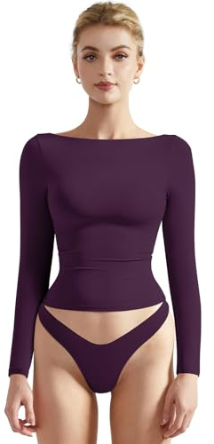 SUUKSESS Women Crew Neck Long Sleeve T Shirts Double Lined Tight Fitted Crop Top (Violet,S)