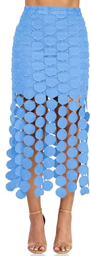 Cicy Bell Womens Hollow Out Maxi Skirts Summer High Waisted Boho Fringe Hem Skirt Beach Vacation Outfits Blue
