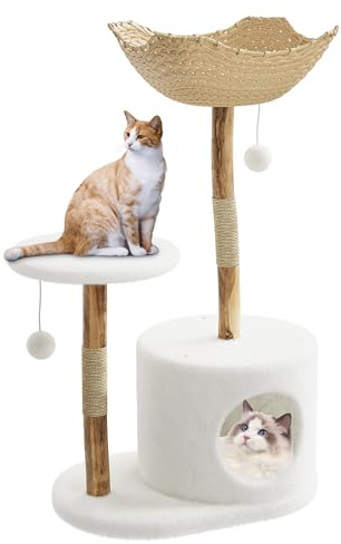 109,2 cm moderner Katzenbaum aus Naturholz für Katzen, ästhetischer Katzenturm mit großem Korb, Kratzstämmen und echtem AST-Design, weißer Luxus-Katzenbaum, eine Sitzstange