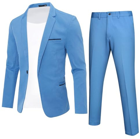 YFFUSHI Traje Hombre 2 Piezas Slim Fit 1 Botón Clásico para Ceremonia Boda Negocios Chaqueta y Pantalón, Azul Cielo, 3XL