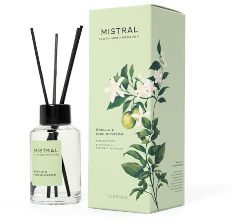 Mistral Basilic & Lime Blossom Reed Diffuser – Luxury Basil & Lime Blossom Scent Diffuser for Home, Office, Bathroom | 100% Oil-Based & Alcohol-Free, Long-Lasting with Natural Reed Sticks (3.5 fl oz)