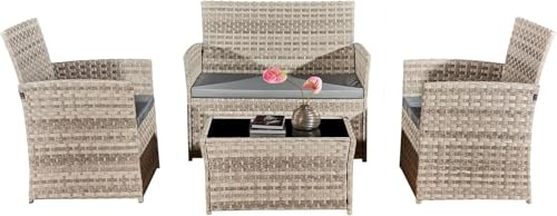 Yaangagpe 4-Piece Grey Garden Furniture Set Rattan Patio Set | Outdoor Wicker Furniture with Coffee Table | Modern Rattan Conversation Set | Outdoor Seating For Porch, Garden, Lawn