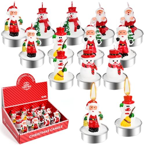 BUZIFU 12 Stück Weihnachten Teelicht Kerzen, 6 Designs Mini Weihnachtskerzen Teelichter Weihnachtsbaumkerzen Schneemann Weihnachtsmann Weihnachtenkerzen Deko Kerzen für Advent, Weihnachtstisch