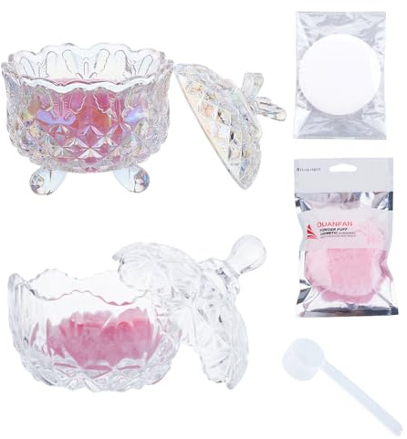 DELORIGIN 2 grande Houppette à Poudre pour le Corps et Récipient à Poudre Récipient à Poudre avec Étui en Cristal pour Houppette à Poussière pour Femmes Visage en Velours Doux Réutilisable