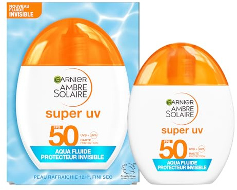 Garnier Ambre Solaire Visage Aqua Fluide SPF50 Invisible Hyaluron 40ml | Texture ultra-légère, Acide Hyaluronique, Testé dermatologiquement, Compatible maquillage, Peaux sensibles