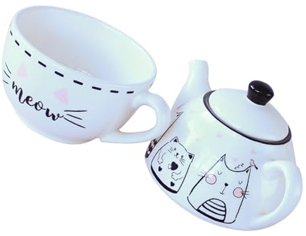 NIYANGLE Kit Théière en Céramique Chat Blanc Tasse Assortie, Design Créatif et Élégant, Décoration de Maison pour Anniversaire ou Pendaison de Crémaillère