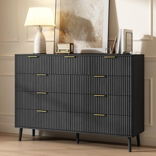 CARPETNAL Fluted 9 Drawer Dresser for Bedroom, 55 Wide Wooden Chest of Drawers with Rounded Corners, Gold Handles, Modern Storage Organizer for Bedroom, Hallway(Black)