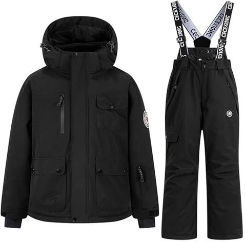 KQIVAM Kinder Skianzug 2 Teiliges Set Skijacke und Skihose Baumwollfüllung Warm Winddicht Wasserdicht Snowboarden Jungen Mädchen Schneeanzug für Kinder 3-14 Jahre