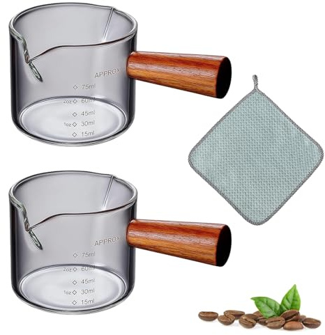 3Pcs Espresso Cups,Wooden Handle Spout Measuring Cup with Scale, Espresso Shot Glass Small Milk Coffee Cups Mouth,Espresso Glass Precise Scales for Latte Art,Durable and Easy to Clean for Home Use
