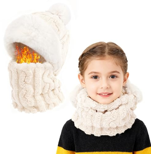 TAGVO Barn 3-i-1 stickad mössa och halsduk vinter, termisk vindtät balaklava, heltäckande skidmask, snöhuva, pom-pom hatt med halsvärmare, hatt för kallt väder för pojkar flickor utomhusaktiviteter