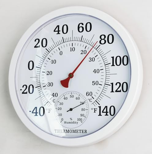 Thermomètre rond de 25 cm avec hygromètre, thermomètre mécanique et hygromètre pour intérieur et extérieur (blanc)