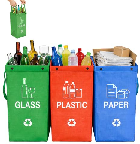 Tbintul Mülleimer 3 fächer, Mülltrennsystem für Küche für Papier, Glas und Plastik 45L Grün Rot Blau