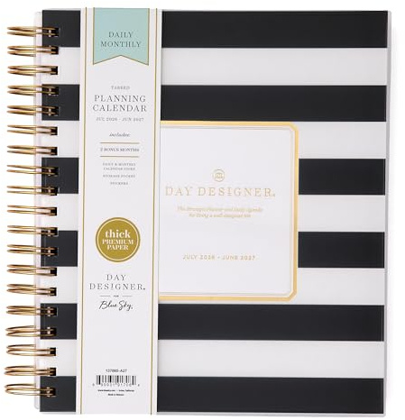 Blue Sky Day Designer 2026-2027 Daily and Monthly Academic Year Planner Calendar, July 2026 - June 2027, 8 x 10, Flexible Cover, Laminated Tabs, Storage Pocket, Includes Stickers, Black Stripe