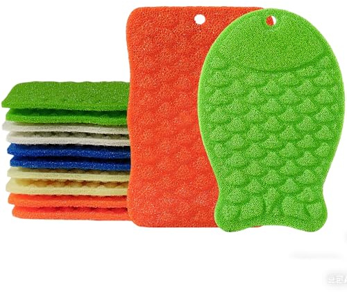 PIGIAOKA 6 Pack Eco Sponge Loofah Dishwashing Sponge, Washing Up Sponges Fish Scale Kitchen Dish Scrubbers Reusable Duty Scouring Pad (3 Fish & 3 Waves, Mix Colors)