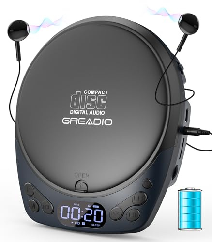 Greadio CD Player Tragbar mit Kopfhörer, Wiederaufladbarer Discman