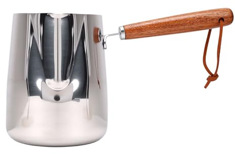 OEBUAFI Brocca per Schiuma di Latte, Tazza per Montalatte per caffè in Acciaio Inossidabile 304, con Manico in Legno, Base Piatta per Fornello a Induzione, Riscaldamento, Latte, (600ml)