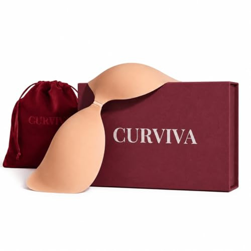 CURVIVA Sujetador De Escote Adhesivo Push Up Invisible para Espalda Descubierta. Sujetador Sin Tirantes De Silicona con Alas Laterales. Realza Y Moldea El Escote. Talla S Tono Miel