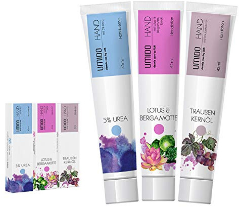 UMIDO 3 Stück Set Hand-Lotion Set 45 ml | 1x mit 5% UREA | 1x Lotus & Bergamotte | 1x Traubenkernöl | Handcreme | Pflegecreme | Hand-Pflege | Handcreme Set