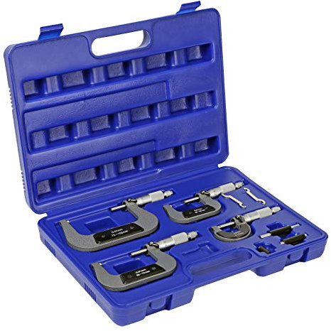 Wiltec Mikrometer Werkzeug Set, 0-100 mm Messbereich, 0,01 mm Messgenauigkeit, Werkzeugset Stahl mit 4 Bügelmessschrauben und Koffer