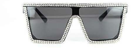 FUPRECIOUS Übergroße quadratische Sonnenbrille für Frauen Männer Bling Strass Flat Top Shades, Schwarz, M