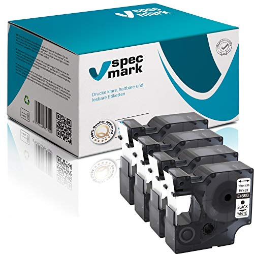 specmark Compatible para DYMO D1 45803 S0720830 cinta de escritura 19 mm x 7 m juego x 4 unidades negro sobre blanco compatible con DYMO D1 para impresoras LM Label-Point LW Label-Writer DUO