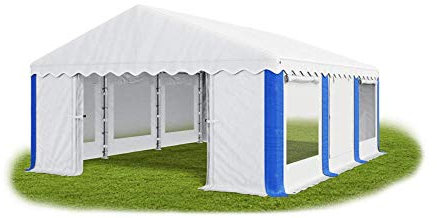 Das Company Partyzelt 5x6m Lagerzelt Universalzelt Pavillon mit Moskitonetz weiß-blau Pavillon Zelt 240g/m² PE Plane wasserdicht Gartenzelt Summer IPEM