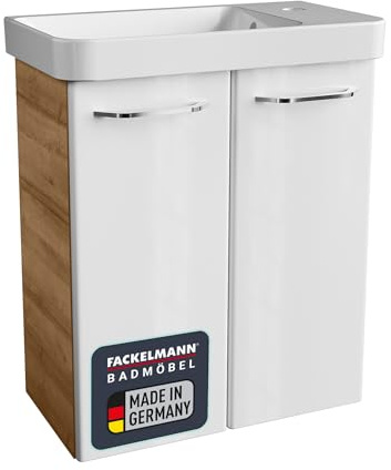 FACKELMANN Milano Gäste WC Set 2 Teile/Waschbecken/Waschbeckenunterschrank mit 2 Türen/Badschrank mit Soft-Close/Badmöbel Set fürs kleine Bad/Korpus: Braun hell/Front: Weiß/Breite: 55 cm