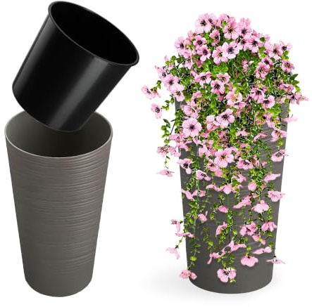 KADAX Pflanzkübel mit Innentopf Grau Ø 30 cm, Höhe 57.5 cm – Moderner Pflanztopf mit Einsatz, Blumentopf aus robuster Kunststoff für Innen- und Außenbereich, ideal für Wohnzimmer, Balkon, Büro