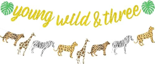 Sursurprise Young Wild and Three Banner Gold Glitzer Animal Print Gepard Girlande, Dschungel Safari Thema Wild Three 3 Geburtstag Party Dekoration Lieferungen für Kinder