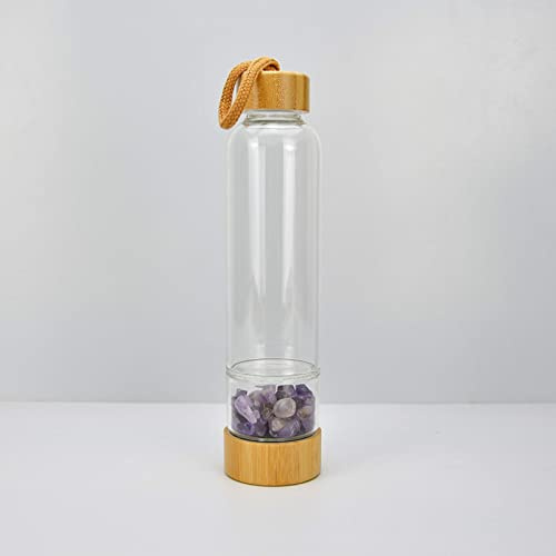 BiiKoon Bouteille d'eau en Cristal de Guérison avec Couvercle Bambou Bouteilles Verre Pierres Précieuses Gravier Naturel Énergétique Amovible 550Ml