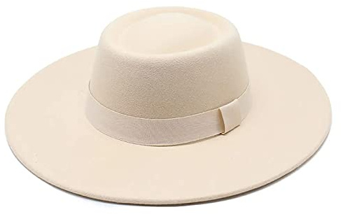 KorhLeoh Klassischer Filzhut für Damen und Herren, breite Krempe, flache Oberseite, Bootsmütze, beige, M
