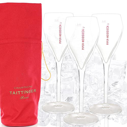 QMBasic PIPER - GLAS SET für HEIDSIECK CHAMPAGNER - 3 Champagner Gläser + Taittinger Champagner Flaschentasche