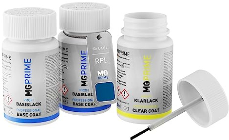 MG PRIME Autolack Lackstifte für Dacia RPL Bleu D'Azurite Metallic +1K | Adria-Blau Metallic, Set aus Grundlack + Basislack + Klarlack, Lackfläschchen mit Pinsel, je 50ml