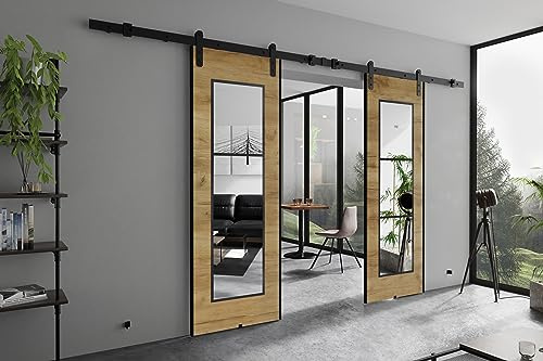 KIER FURNITURE POLI DUO Wall-Mount Schiebetür – Schiebetür Komplettset Schiene Komplettset Mit Tür – Zimmertüren Mit Zarge Komplett - B152xH205xT1,6 cm - Eiche Craft