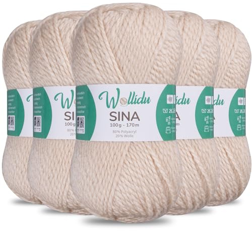 Wollidu Sina Wolle zum Stricken und Häkeln 500g Premium Strickwolle/Häkelwolle Set OEKO-TEX zertifiziert 5 x 100g/170m 80% Polyacryl 20% Schafwolle mulesing-frei - Sand