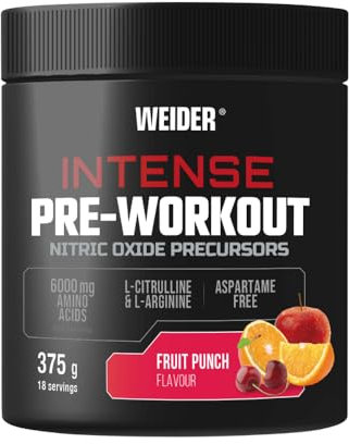 Weider Intense Pre-Workout (375g) Fruit Punch Flavour. Nitric Oxide Precursors, with 200 mg Caffeine and 6000 mg Amino Acids/Serving, L-Citrulline, L-Arginine, Aspartame-Free (18 porciones)