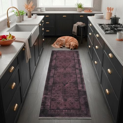 TESSO LIVING Tapis de Couloir 80x215 cm Bordeaux Tissé Plat Vintage Antidérapant Chauffage au Sol
