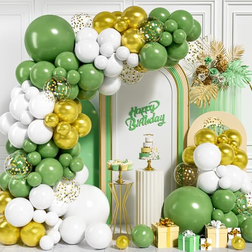Grün Luftballon Bogen Girlande Kit, 113 Stück Salbei Grün Matt Weiß Metallic Gold Konfetti Ballons für Jungen und Mädchen Geburtstag Babyparty Hochzeiten Jahrestag Abschlussball Party Dekoration
