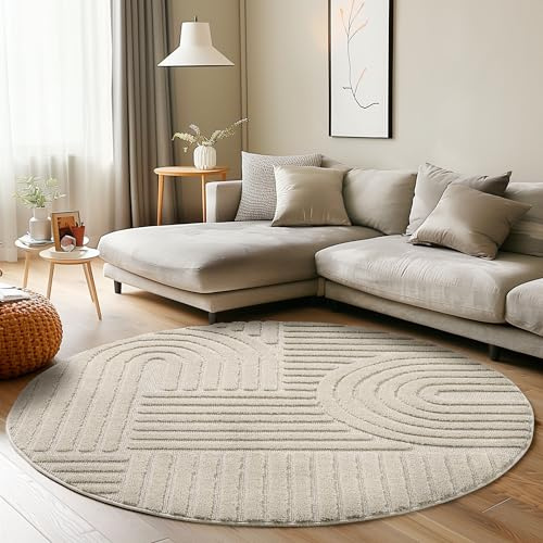 Carpettex Kurzflor Hochtief Teppich - 80 cm Rund Beige Skandi-Look - 3D Effekt Boho Muster Waschbar und Flauschig - Für Wohnzimmer, Schlafzimmer, Esszimmer und Küche