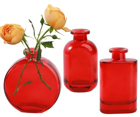 Jumuao Glasvase Vase für Blumen 3er-Set Kleine Blumenvasen aus Glas,Mini-Vasen Glasfläschchen,kleine Vase für Tischdeko,Tischvase Glasvase für Blumen und Trockenblumen (Rot)