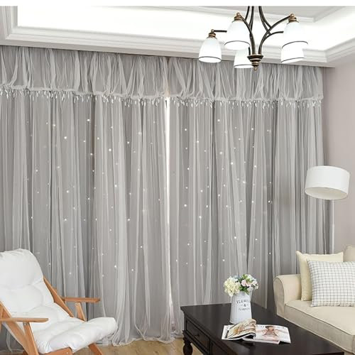 Beydodo Blickdichte Gardinen mit Ösen 2er Set 107x229CM, Vorhänge Verdunkelung Fantastisch Doppellagig mit Sternen Motiv Polyester Vorhang Grau Verdunkelungsvorhänge Kinderzimmer Wohnzimmer