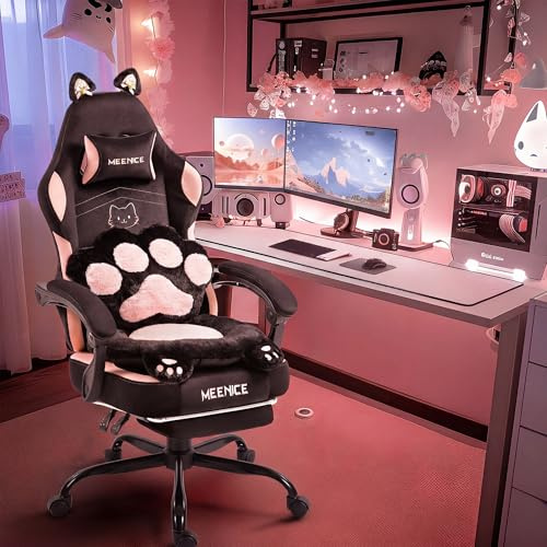 MEENICE Pink Gaming Chair Cute with Cat Ears Paw Lumbar and Cushion,Ergonomic Computer Chair with Footrest,Reclining PC Game Chair for Girl Computer Chair 300lbs for Adult