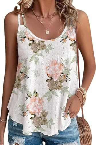 BEINF Débardeurs D'été pour Femmes Débardeurs Broderie à œillets Loose Casual Basique Tops Chemisiers Camis avec Bretelles Spaghettis Feuille Blanc XL