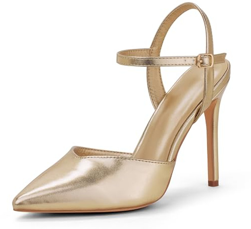 GENSHUO Elegante High Heels mit spitzer Zehenpartie und 10cm Stiletto, Sexy Damenschuhe mit Knöchelriemen für den Abend, Gold PU, 39 EU