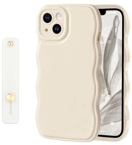NITITOP Compatible with iPhone 14 Plus Case Cute Wave Frame-White | for Women Girls, Kickstand Wavy Curly Design, with Wrist Adjustable Hand Strap，Soft Protective Cover, Full Camera Protection