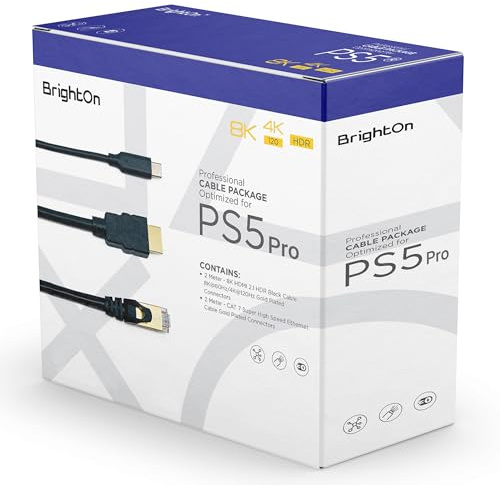BrightOn Câble HDMI 2.1 optimisé PS5 PRO 8K à 60 Hz / 4K @ 120 Hz plaqué or CAT 7 Super haute vitesse 2M USB C vers USB C câble de charge rapide