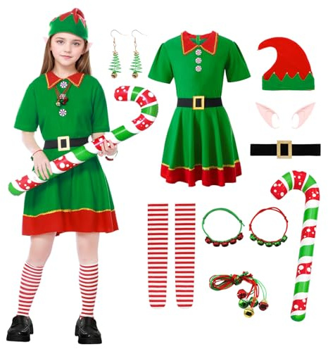Angenster Weihnachtself Kostüm Set, 14-teiliges Weihnachtskostüm Elfen Kostüm Wichtel Kostüm mit Hut, Gürtel, Ear Krücken, Armband, Halskette - Weihnachts Outfits für Familie (Mädchen, 120)