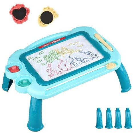 Ardoise Magique Enfant Tableau de Dessin Magnétique Effaçable avec Pieds à 4 Couleurs, 2 Tampons et 1 Pinceau Magnétique-Peinture Jouets et Cadeau d'anniversaire Noël (Vert)