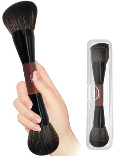 JILIER Double Ended Blush Powder Brush, Duo Bronzer Brush Highlighter, Foundation Contour Brush, for Liquid, Cream, Powder,Blending, Buffing –Premium Bristles, Natural Wood Handle makeup brushes